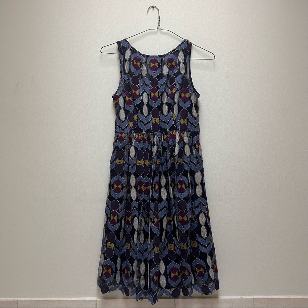 Anthropologie Maeve Navy Geometric Patterned Dress with Slip